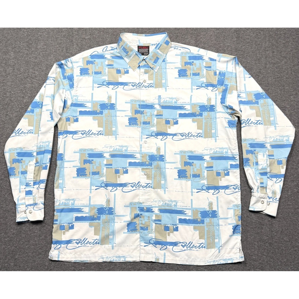 FUBU Shirt Mens XL Blue White Abstract Streetwear Y2K Long Sleeve‎ Casual Button